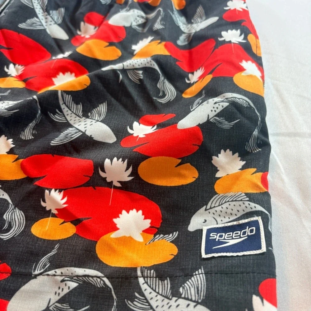Speedo Swim Trunks Men XXL Black Koi Fish Lily Pad Print Mesh Lined Board Shorts